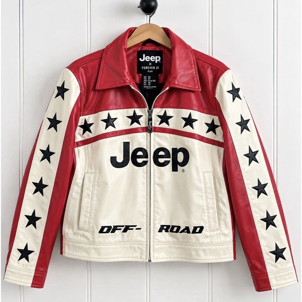 Jeep X Forever 21 Plus 0X NWOT Vegan Leather Moto Jacket Red Stars Y2K Americana
